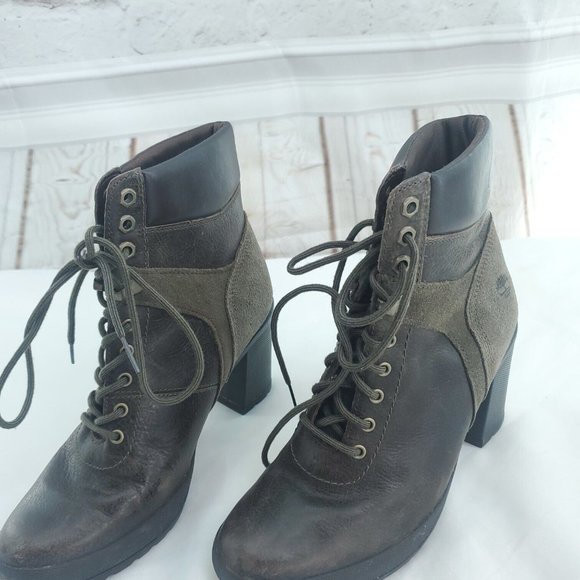 Timberland Womens Brown Leather Olive Suede Accent Block Heel Booties Si… - Picture 2 of 11